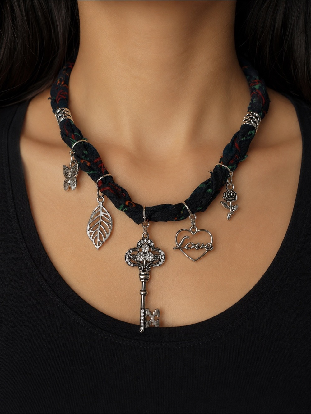 Romantic Braided Bandana Necklace Adjustable Key, Love, Rose & Butterfly Charms - Picture 1 of 6